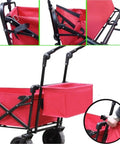 Foldable Collapsible Wagon Cart with Silent Universal Wheels, red fabric, multiple views showing folding mechanism and handle