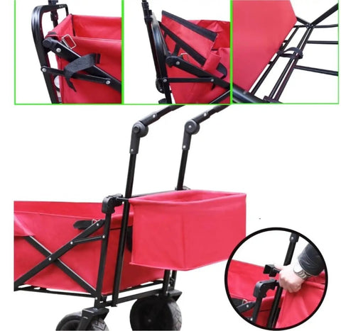 Foldable Collapsible Wagon Cart with Silent Universal Wheels, red fabric, multiple views showing folding mechanism and handle