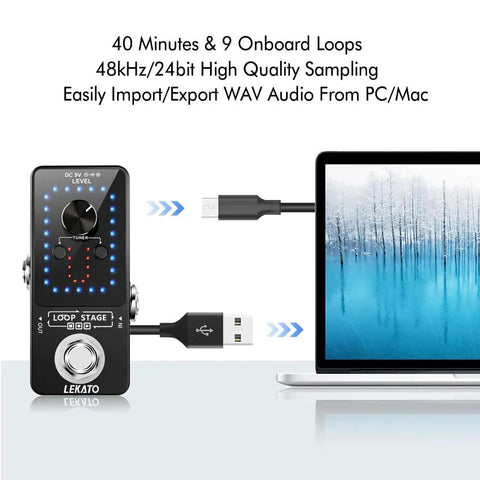Nine Loop Guitar Looper Pedal With 40 Minute Total Recording Time And Ten Minute Per Loop Uncompressed 48K 24Bit Audio next to laptop