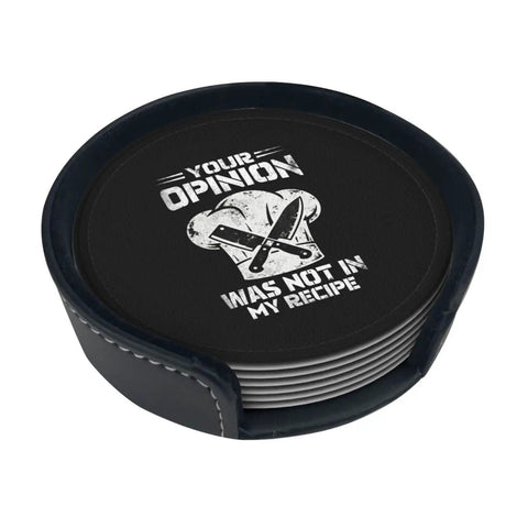 Leather Coaster Set With Holder 6-Piece Absorbent PU Leather Drink Coasters with humorous design in holder