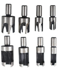 Badass 8 Piece Titanium Coated Wood Plug Cutter Drill Bit Set featuring various sizes and tapered designs for woodworking projects.