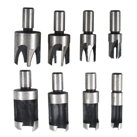 Badass 8 Piece Titanium Coated Wood Plug Cutter Drill Bit Set featuring various sizes and tapered designs for woodworking projects.