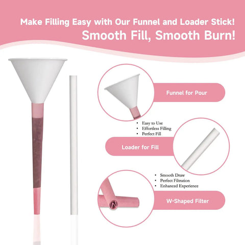 Image showing Colorful Pre Rolled Cones 100 Pack King Size With Loader And Packing Sticks For Quick Clean Smooth Smokes Made From Ultra Thin Natural Fiber Paper Premium Quality Cones, featuring a funnel for pour and loader for fill with highlighted W-shaped filter.