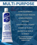 Tube of sanitary petrol gel lubricant for multipurpose use in machinery, highlighting various applications listed on the side.