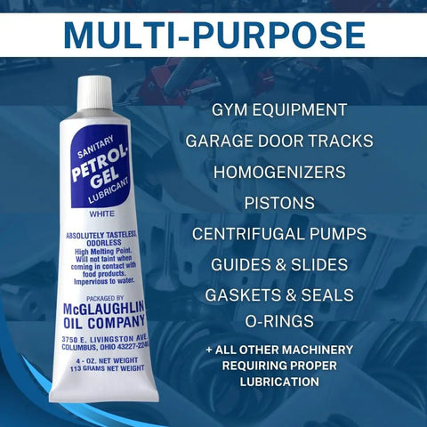 Tube of sanitary petrol gel lubricant for multipurpose use in machinery, highlighting various applications listed on the side.