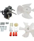 Universal 220V Fan Motor Kit For Evaporators And Bathroom Exhaust With Multi Position Mounting Bracket Shaft Adapters Four Inch CW And Five Point Five Inch CCW Fan Blades 50 60 Hz, showing motor, fan blades, and mounting accessories.