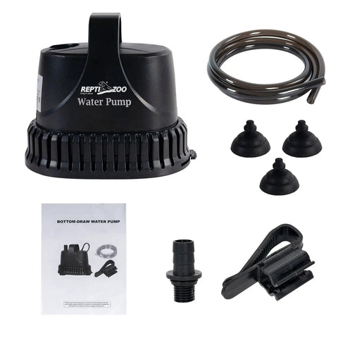 Low Water Level Drain Pump 243 GPH 26W Submersible with accessories and manual for turtle tanks, fish tanks, and paludariums
