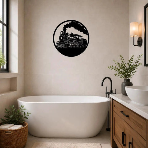 Rustic Steam Locomotive Metal Wall Art Decor For Living Room And Office in bathroom, vintage circular train scene sign.