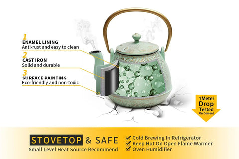 Cast Iron Teapot With Stainless Steel Infuser For Stovetop Brewing, 32 Oz Capacity, Enamel Interior, Leaf Design, Light Green Kettle