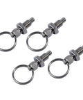 4 Pack Rock Solid Stainless Steel Pull Index Plungers featuring Heavy Duty Spring Loaded Lock Out Knobs and Quick Release Pins, designed for furniture assembly.