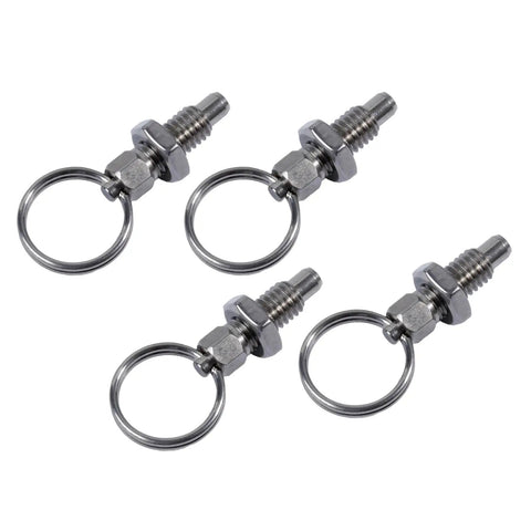 4 Pack Rock Solid Stainless Steel Pull Index Plungers featuring Heavy Duty Spring Loaded Lock Out Knobs and Quick Release Pins, designed for furniture assembly.