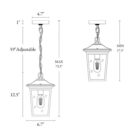 Straight Up Farmhouse Outdoor Pendant Light With Clear Glass Shade And Rust Proof Metal Frame Killing It As A Heavy Duty Hanging Lantern Top Shelf Pick For Porches Entryways And Gazebos In Sleek Matte Black adjustable dimensions outlined, 12.5x6.7 inches