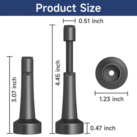 Adjustable Door Stoppers With Heavy Duty Aluminum Body And Thick Frosted Silicone dimensions: 3.07" height, 1.23" base diameter.