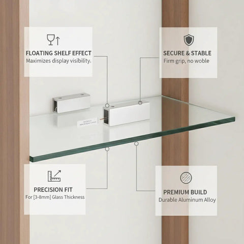 Rock-Solid Glass Shelf Clips Aluminum Alloy Mounting Hardware for Cabinet Display Units showing low-profile support on glass panel.