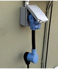 Heavy Duty NEMA 14 50P to 6 50R Welder and RV Power Adapter connected to outdoor electrical outlet