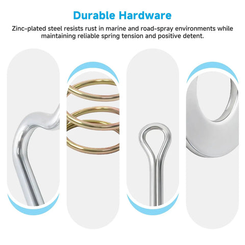 Durable zinc-plated steel components for Heavy Duty Swivel Handle Plunger Pin Kit For S Mount Trailer Jacks.