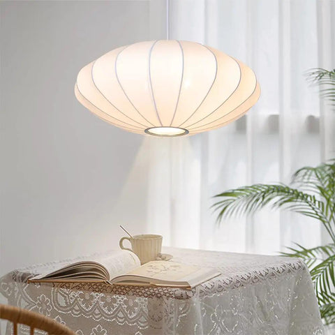 Italian Silkworm Cocoon Pendant Light With White Faux Silk Drum Shade, Handcrafted Modern Minimalist Lantern for dining rooms