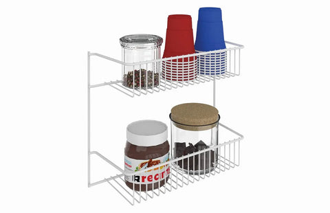 Slick Two Tier Wall Rack For Cabinet Doors And Walls, Heavy Duty Epoxy Coated Steel Storage Shelf In Crisp White, No Sweat Install Hardware Included, Total Game Changer For Tight Kitchen And Closet Spaces