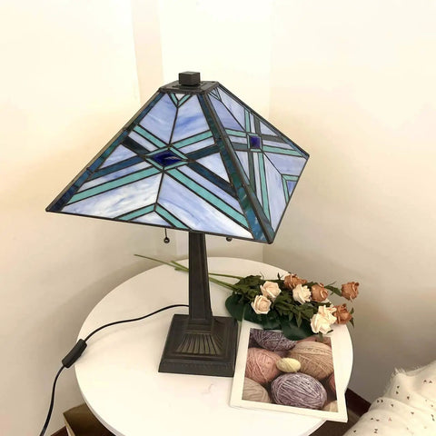 Blue Tiffany Style Mission Stained Glass Table Lamp For Reading And Work Vibe Decor, 20 Inch Wide By 22.5 Inch Tall