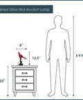 Diagram of Stained Glass Bird Accent Lamp With Tiffany Style Vibe, Blue Jay Design, 8 Inch Wide By 13.5 Inch High next to furniture.
