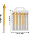 10-piece masonry drill bit set, 1/4-inch diameter, titanium-coated carbide, for tile, concrete and stone, in clear case.