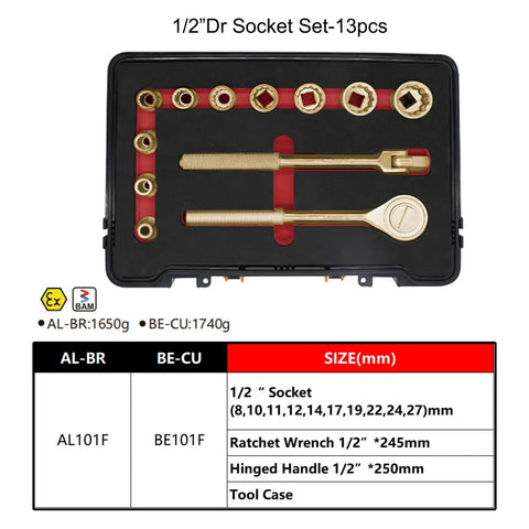 Non Sparking Tools Set 13 Piece Ready With Half Inch Socket Set Including 8 10 11 12 14 17 19 22 24 27mm Sockets And Half Inch Ratchet Wrench Hinged Handle in case