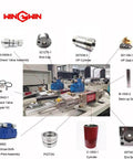 Front-view collage of water jet spare parts set featuring check valve body 020077-1 and assorted metal components