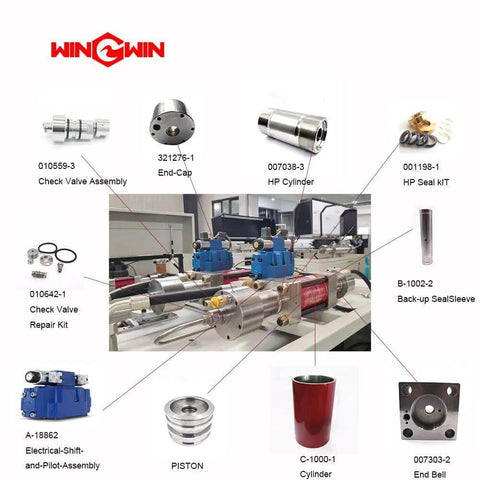 Front-view collage of water jet spare parts set featuring check valve body 020077-1 and assorted metal components