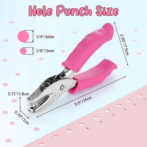 Sweet Two Size Hole Punch Set With Soft Grip Handle One Quarter Inch And One Eighth Inch Punches Eight Sheet Capacity features measurements and pink handle.