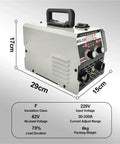 Three In One MIG MMA TIG Inverter Welder For DIY Metalwork, Flux Core Wire Ready, No Gas Needed, 110V US Power, dimensions shown