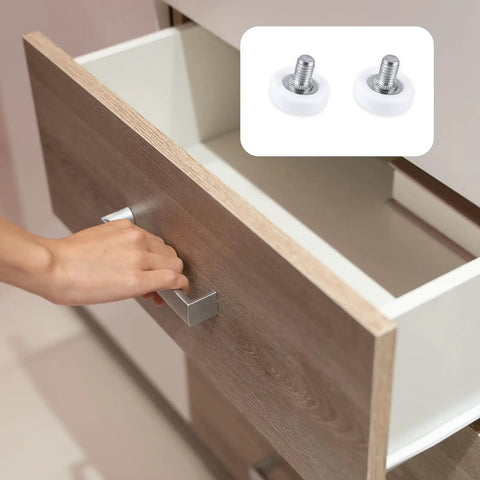 Six Piece Set Of 19mm White Plastic Drawer Rollers Featuring Slick Cabinet Pulleys For Smooth Operator Furniture Gliding with mounting nuts.