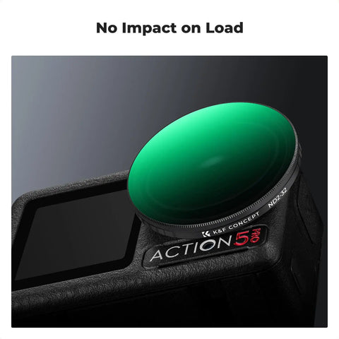 Variable ND2-32 Filter For DJI Osmo Action Series with Push-In Fit on Action 5 camera showing no impact on load with green tint.