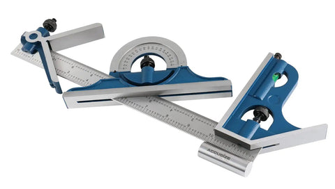 12 Inch Combination Square Ruler Set With Protractor Satin Finish, 4R Graduation, 4 Piece Layout Gauge Built For Handy Heights, Depths, And Angles In The Shop Or DIY Projects