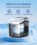 Portable Countertop Ice Maker With No Fuss Self Cleaning shown on display stand with 9 bullet ice cubes feature.