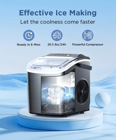 Portable Countertop Ice Maker With No Fuss Self Cleaning shown on display stand with 9 bullet ice cubes feature.