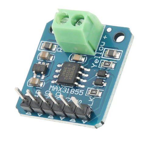 Top Shelf K Type Digital Thermocouple Module with green connector, circuit board, ideal for reliable temperature readings from -200 to 1350 Celsius.