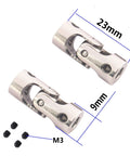 Front view of two silver metal universal joint steering shaft couplers for RC cars, 3mm to 3mm, with M3 screws