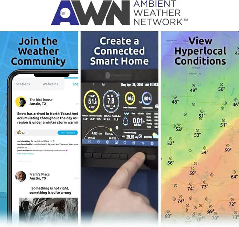 Collage showing Ambient Weather Network app for weather monitoring, smart home connectivity, and hyperlocal conditions.