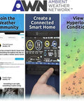 Ambient Weather Network interface showing weather community, connected home controls, and hyperlocal conditions map.