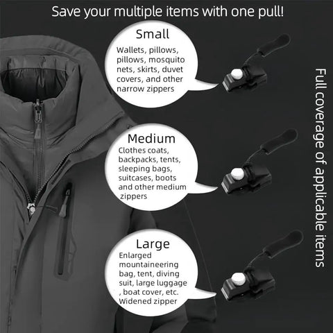 Zipper Repair Kit Set With Tough Durable Adjustable Metal Zipper Restorer Non Slip Replacement Head For Jackets Backpacks Pants And More Instant Fix Black 2 Pack shown with size options on a jacket and descriptions of small, medium, large applicable items.