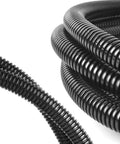 Commercial Grade Knockout Heavy Duty Black Split Wire Loom Tube Hella Smooth Cable Protector Wrap 32 Foot Roll close-up view.