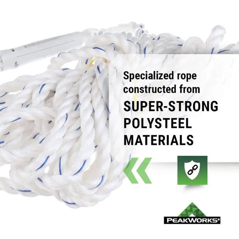 Heavy Duty Vertical Lifeline With Five Eighth Inch Polysteel Rope And Snap Hook For Industrial Construction Roofing And Recreation Use, Pro Grade Fall Protection That Meets ANSI And OSHA Standards, Available In Multiple Lengths shown with white rope and logo