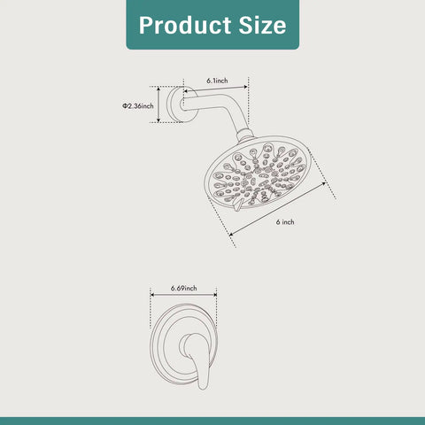 Diagram showing dimensions of 8 Inch Rainfall Shower System With Adjustable Circular Head Wall Mount Curved Extension Arm Pressure Balance Valve Matte Black Finish Single Function High Flow Easy Install Shower Upgrade For Modern Bathrooms.