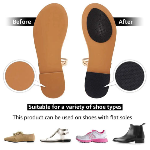 Before and after view of Silicone Non Slip Shoe Pads With Self Adhesive Grip For Quiet Walk In Heels And Boots Muffle Loud Clack Odorless Noise Reduction Sole Protectors For Wedding Office Stage Indoor Use