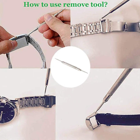 Heavy Duty Quick Release Spring Bars Kit With Watch Repair Tool For Stainless Steel Watch Straps Sizes 12mm To 24mm showing tool in use.