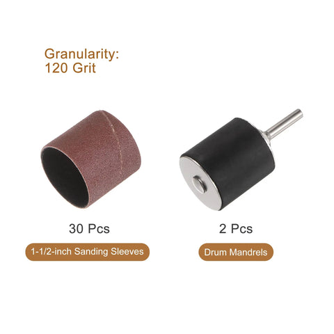 30 Pcs 1-1/2 Inch Sanding Sleeves 120 Grit Set With 2 Pcs 1 Inch Drum Mandrels for Rotary Tools