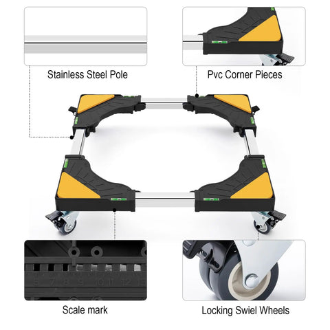 Heavy Duty Base Stand For Washing Machines With Four Locking Wheels And Eight Adjustable Feet featuring PVC corners and steel frame.