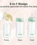 Knock Out Wide Neck Glass Breastmilk Bottles Two Pack With Secure Screw Ring And Removable Marking Lid Bpa Free No Sweat displaying pump, store, and feed features.