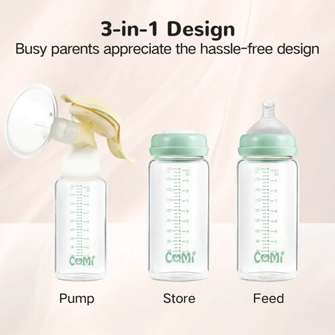 Knock Out Wide Neck Glass Breastmilk Bottles Two Pack With Secure Screw Ring And Removable Marking Lid Bpa Free No Sweat displaying pump, store, and feed features.