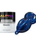 Kickass Deep Sea Blue Auto Paint Basecoat In A Full Gallon Container Paired With Specialty Slow Reducer shown with sample.